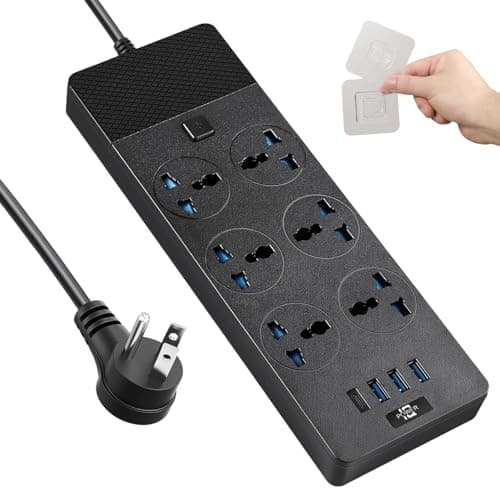 Universal Power Adapter, Jumpso 3000w Power Strip with 4 USB Ports (1 USB C), 6ft Extension Cord with International Outlets, 110-240v, European Travel Plug Adapter for Home Office Travel, Black - Image 1