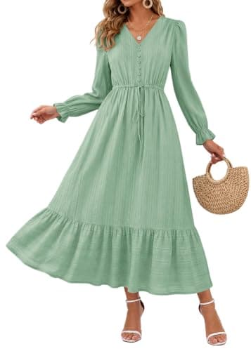 Lazysmile Women's Long Sleeve Maxi Dresses 2026 Fall V Neck Button Down Tie Waist Swing Casual Boho Dress with Pockets Green - Image 1
