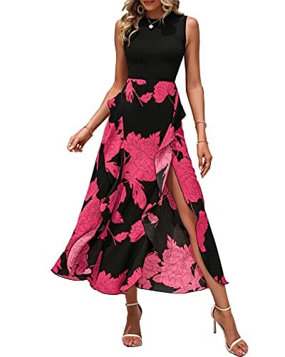 BTFBM Summer Dresses for Women 2026 Casual Spring Floral Sleeveless Ruffle Boho Cocktail Wedding Guest Party Midi Dress(Big Floral Rose Red, X-Large) - Image 1