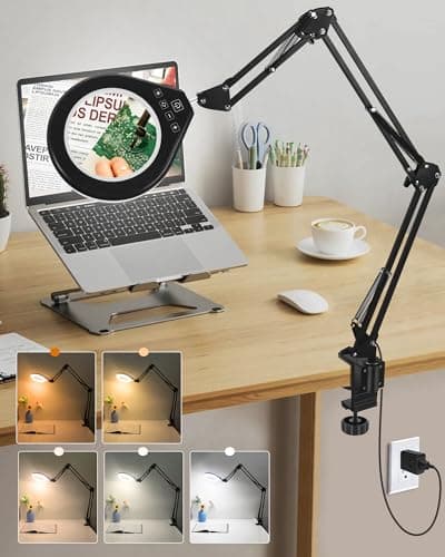 10X & 5X Magnifying Glass with LED Light, Ultra Long Swing Arm, 5 Colors & 10 Brightness, Real Glass Lens Large Magnifying Lamp for Craft Painting Workbench Jewelry Making Hobby Close Work (White) - Image 1