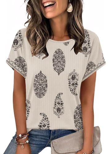 WIHOLL Beach Vacation Clothes for Women Boho Tops Casual Summer Shirts Short Sleeve Tunic Blouse Loose Fit 2026 Spring Break Business Work Church Travel Western Outfits M - Image 1