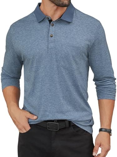 Hardaddy Men's Casual Polo Shirt with Pocket Contrast Color Long Sleeve Business Work Shirts Tees Top Shirt Blue M - Image 1