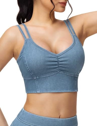 THE GYM PEOPLE Women's Scrunch Denim Crop Tops V-Neck Padded Stretchy Strappy Casual Longline Bra Jean Camisole - Image 1
