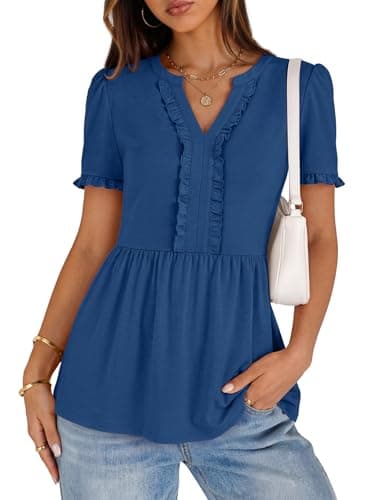 MEROKEETY Women's Summer Peplum Tunic Blouse 2026 Babydoll Tops Ruffle Short Sleeve V Neck Casual Loose T Shirts, Darkblue, Large - Image 1
