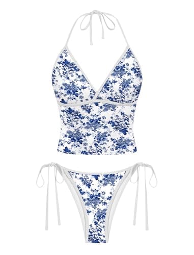ZAFUL Halter Tankini Swimsuits for Women 2 Piece Swimsuits V Neck Tankini Top with Tie Side Thong Tankini Set Tummy Control Bathing Suits Blue Floral L - Image 1