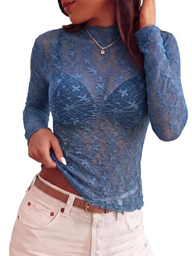 BTFBM Womens Tops Mesh Lace Long Sleeve Tops for Women 2026 Spring Fall Sexy Sheer See Through Tight Party Club Outfits(Grey Blue, XX-Large) - Image 1