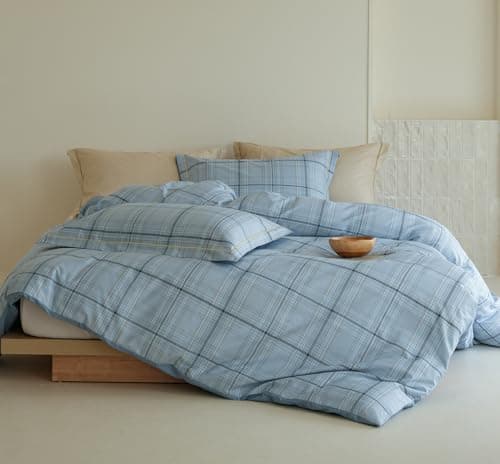 Solycoil Blue Plaid Comforter Set 3 Pieces - 100% Cotton Grid Gingham Pattern Reversible Comforter King Size, Soft and Hypoallergenic Bedding Set - Image 1