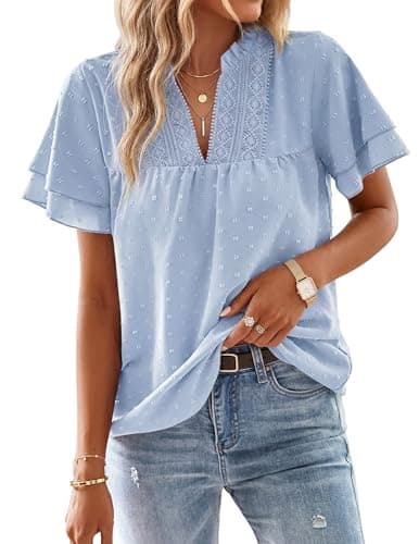 Aprolive Women's Butterfly Sleeve V Neck Shirts Boho Flowy Swiss Dot Blouses Dressy Casual Summer Top (Blue, S) - Image 1