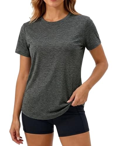 MAPICK Workout Tops for Women High Side Slit T-Shirt Soft Stretch Short Sleeve Tee Lightweight Casual Loose Fit Top Dark Grey - Image 1