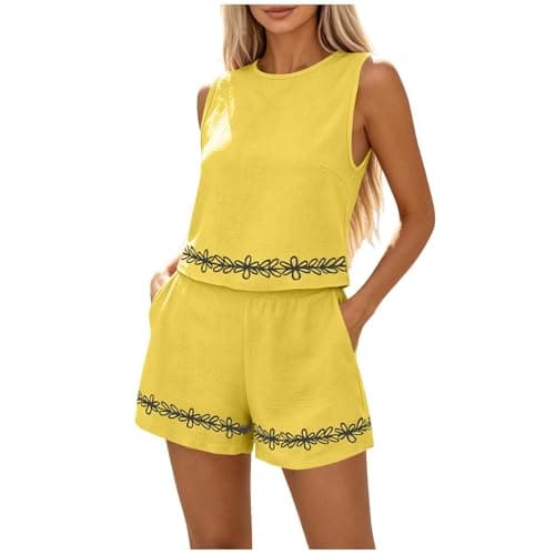 Tank Top Pajamas Set for Women, 2 Piece Shorts Linen Set Crew Neck Lace Trim Sleeveless Sleepwear, Casual Soft Comfy Lounge Sets Pjs Loungewear for Summer Yellow L - Image 1