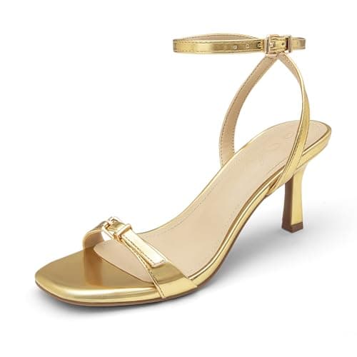 Athlefit Gold Kitten Heels for Women Sexy Square Open Toe Stiletto Heeled Sandals Ankle Strap Dress Graduation Wedding Prom Heels Size 9.5 - Image 1