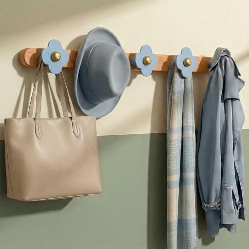 Tindbea Upgreded Cheery Wood Wall Hooks Heavy Duty Coat Rack Wall Mount 5 Hooks for Coat, Purse, Hat, Robe, Towel, Clothes, Decorative Home Storage for Bathrooms, Eentryway, Kitchen Door, Blue - Image 1