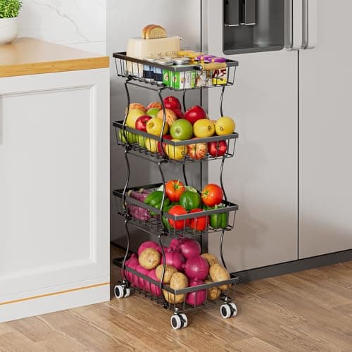 MJIMKE 4-Tier Vegetable Fruit Basket for Kitchen, Rolling Pantry Floor Organizer and Storage Cart with Wheels, Stackable Wire Product Basket Stand Potato Onion Bins Snack Rack for Pantry - Image 1