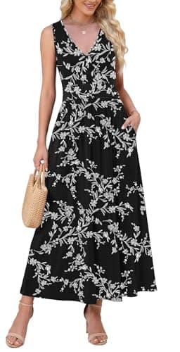 WEACZZY Sleeveless V Neck Sundress Women's Maxi Dress Floral Cocktail Long Dresses with Pockets,White Black,Medium - Image 1