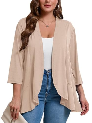 AusLook Women's Plus Size 3/4 Sleeve Lightweight Open Front Cardigan Peach Puff 2X Draped Ruffles Causal Cover Ups Shrugs Tops Shawls and Wraps Kimono Jacket Coat - Image 1