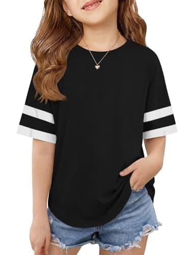 ZDC Girls Striped Short Sleeve T Shirts Kids Crewneck Loose Fit Tunic Tops Summer Tees Blouses 5-14 Years Black - Image 1