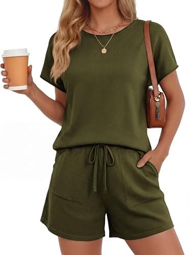 PRETTYGARDEN Two Piece For Women 2026 Spring Trendy Fashion Shorts And Tops Knitted Lounge Sets Summer Outfit Vacation Clothes (Army Green,L) - Image 1