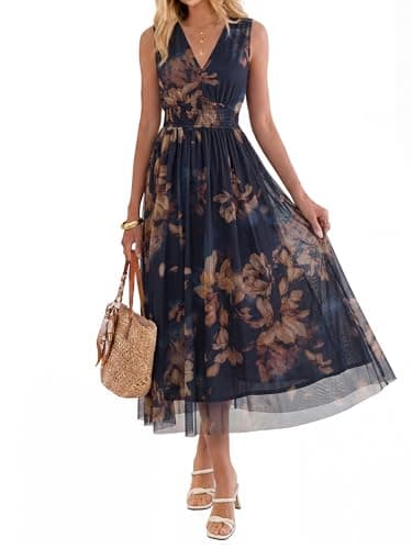 BerryGo Womens Floral Wedding Guest Dress Boho Summer Flowy A Line Casual Sleeveless V Neck Empire Waist Long Tulle Dresses Navy Coffee M - Image 1