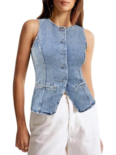 Tankaneo Womens Button Down Denim Vest Tops Sleeveless Fitted Jean Tank Tops Summer Trendy Casual Waistcoat - Image 1
