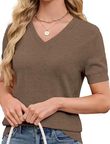 SunnyMelody Womens Wool Sweater V Neck Short Sleeve Lightweight Knit Work Top Fall Spring Summer 2026 Business Casual Outfit Dressy Blouse Shirt Trendy Fashion Clothes Office Teacher Tops Brown M - Image 1