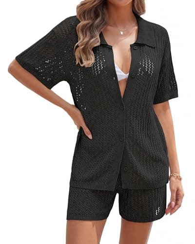 Womens Swim Cover Up Set 2 Piece Crochet Beach Clothes Short Sleeve Tops High Waist Shorts Pool Cover Up Sets Black - Image 1