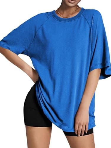 Tankaneo Womens Oversized Tshirts Crew Neck Short Raglan Sleeve Tunic Tops Summer Casual Loose Fit Workout Tee Shirts Blue - Image 1