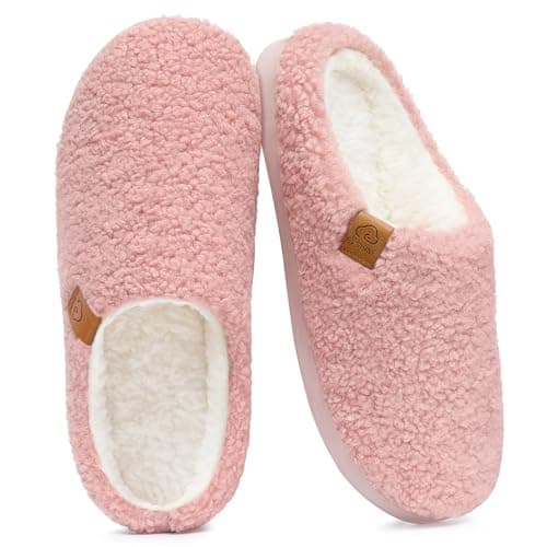 Evshine Memory Foam Fuzzy Slippers for Women Curly Fleece House Shoes Cozy Warm Indoor Slip on, Dark Pink 38 - Image 1