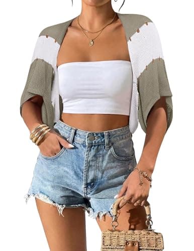 BB&KK Womens 2026 Stripped Short Sleeve Summer Cardigan Cropped Open Front Trendy Lightweight Shrug Sweaters - Image 1