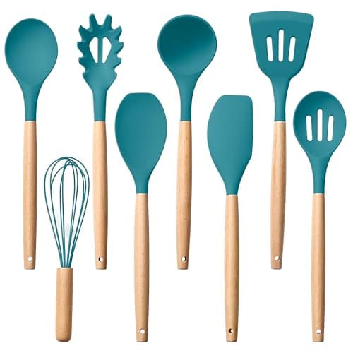 Herogo 8 Pcs Non-Stick Silicone Kitchen Utensils Set, Heat-Resistant Food-Grade Cooking Utensils with Wooden Handle, Includes Spatula Spoon Turner Server Whisk Ladle for Baking, Cooking (Navy Blue) - Image 1