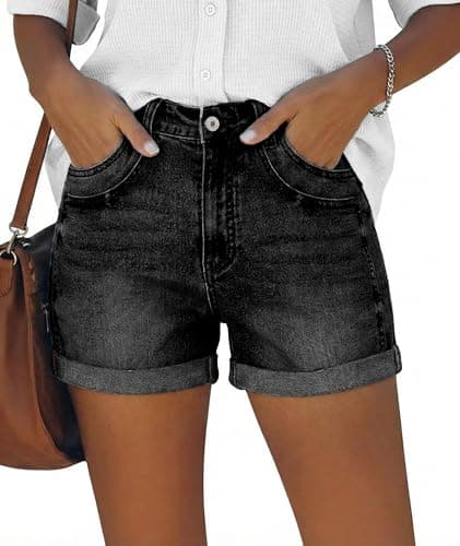 onlypuff Women's Casual Denim Shorts Summer Mid Waist Stretchy Raw Frayed Folded Hem Jeans with Pockets Black 6 - Image 1