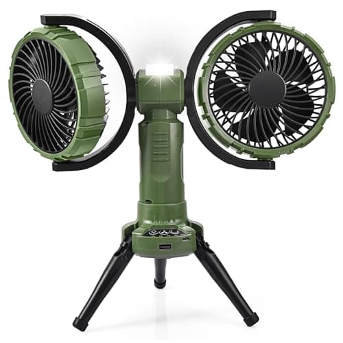 WISFISSH 10000mAh Outdoor Camping Fan, Oscillating Battery Operated Tent Fan with LED Lantern, Dual Head Rechargeable Tent Ceiling Fan with Tripod & Hanging Hook - Green - Image 1