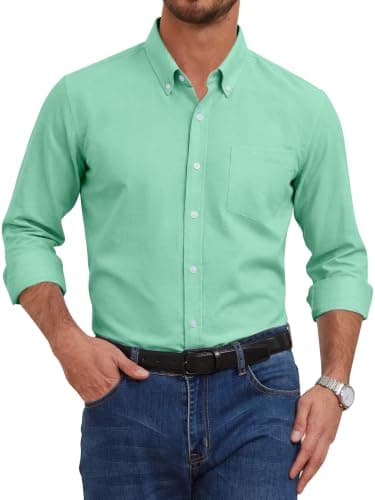 GIANZEN Green Dress Shirt Men Button Up Shirts Long Sleeve for Mens Oxford Down Men's Casual Clothing Big and Tall Green Size S - Image 1