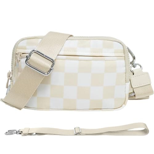 NBERMOTION Checkered Nylon Wristlet Wallets for Women RFID Blocking Purse With Credit Card Holder & Crossbody Strap(Beige) - Image 1
