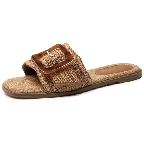 Rihero Raffia Flat Sandals for Women Slip On Beach Slides Square Toe Summer Buckle Fashion Woven Sandals Dark Brown Size 8.5 - Image 1