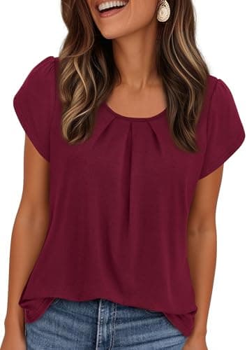 PRETTYGARDEN Womens Tops Dressy Casual Summer 2026 Short Sleeve Blouses Crew Neck Pleated Basic T Shirts Spring Clothes (Burgundy,XX-Large) - Image 1