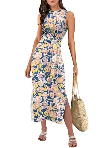 ANRABESS Womens Summer Casual Sleeveless T Shirt Midi Dress Slim Fit Tie Waist Split Tank Long Dresses 2026 Vacation Sundress Print Blue Floral Large - Image 1