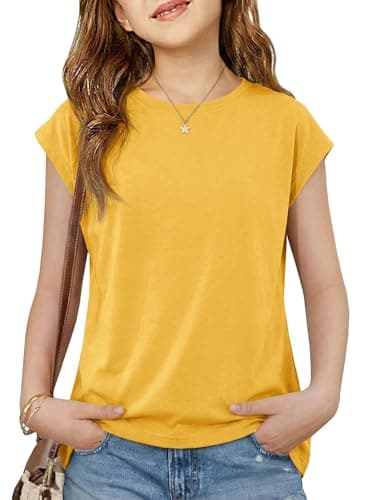 Girls Cap Sleeve T-Shirt Lightweight Summer Crewneck Top Loose Fit Casual Tee for Kids 5-14 Years Basic Tops Yellow - Image 1