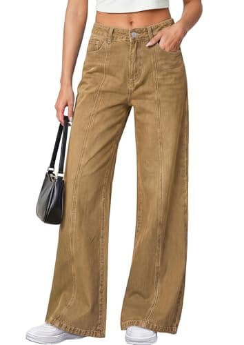 PRETTYGARDEN Women's Wide Leg Jeans High Waisted Stretchy Baggy Seamed Front Denim Palazzo Pants 2026 Summer Fashion Clothes (Camel,14) - Image 1