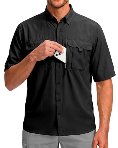 BETBO Men's Short Sleeves Fishing Shirts Button Down Summer Travel Work Shirts with Zipper Pockets(Black, XX-Large) - Image 1
