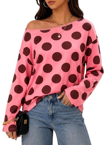 Flowyair Womens Off the Shoulder Tops Polka Dot Long Sleeve Casual Loose Fit Asymmetrical Y2K Trendy Shirt Pink - Image 1