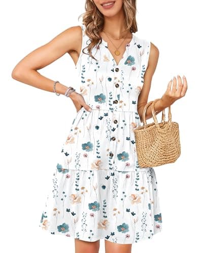 MOLERANI Women Summer Casual Tropical Dresses Sleeveless V Neck Button Down Tiered Floral Beach Vacation Dress with Pockets Poolside Comfy,Elegant Flowers,M - Image 1