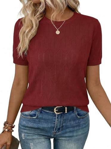 LaGracia Sweater for Women Short Sleeve Crew Neck Lightweight Sweaters Casual Summer Spring Tops 2026 Red M - Image 1