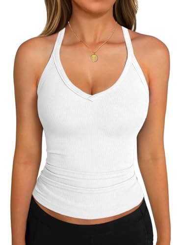 GKBK Spaghetti Strap Tank Top for Women V-Neck Racerback Camisole Basic Ribbed Slim Fitted Workout Cami Tops White - Image 1