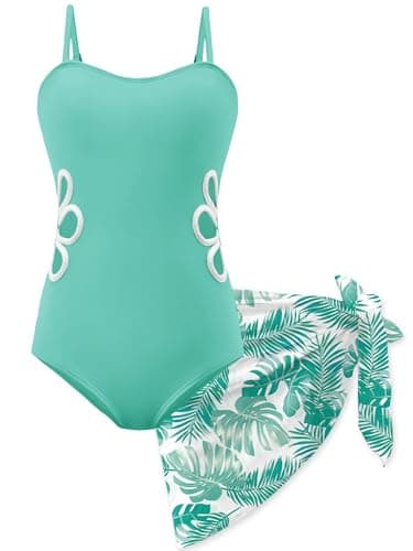 AMAWMW Girls Swimsuit Cut Out One Piece Bathing Suit with Tropical Print Cover Up Skirt Adjustable Straps Girls' Swimwear Light Green - Image 1