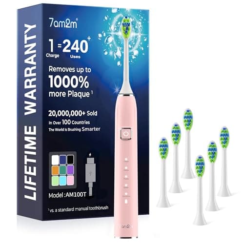 7AM2M Sonic Electric Toothbrush for Adults&Kids, Type-C Charging Run for 120 Days, with 6 Brush Heads, 5 Modes&40000VPM Powered Rechargeable Toothbrush, Travel & Home Use (Pink)