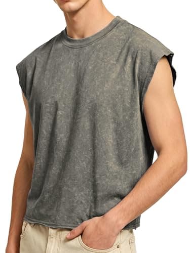 PLEPAN Men's Cropped Cotton Muscle Tank Tops Acid Washed Vintage T Shirts Workout Sleeveless Tee Gray XX-Large - Image 1
