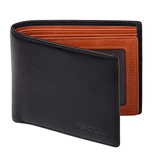 VISOUL Mens Bifold Wallet with 2 ID Windows and 2 Money Compartments, Genuine Leather Designer Wallet with RFID Blocking, Stylish Two-tone Back Wallet for Men (Black and Orange) - Image 1