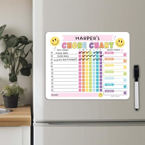 Hadley Designs Magnetic Chore Chart for Kids – Reward Chart for Kids, Dry Erase Responsibility Board for Children at Home, Fridge Behavior Tracker for Daily & Weekly Tasks, Pink Toddler Chore Board