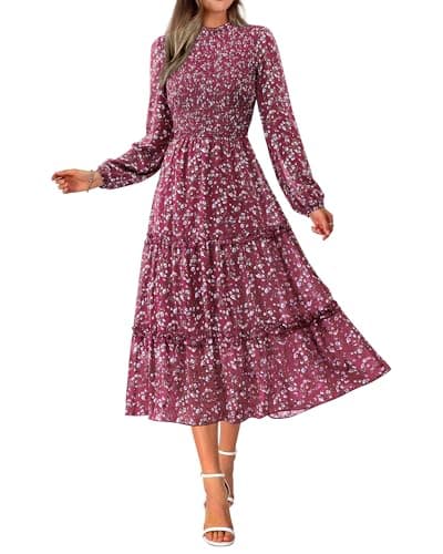 NOLLSOM Women 2026 Spring Dress Floral Boho Dress Casual Long Sleeve Crew Neck Ruffle A-Line Flowy Wedding Guest Maxi Dresses(Wine Red Blue Flower,Small) - Image 1
