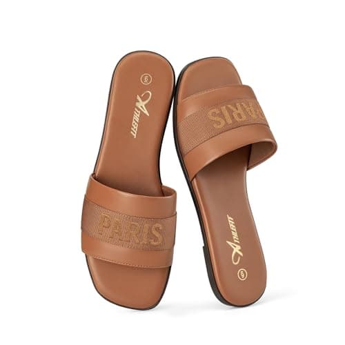 Athlefit Women's Slides Summer Fashion Slip On Flat Sandals Dressy Brown Size 7.5 - Image 1